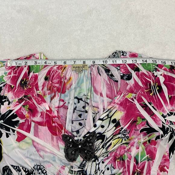 One World Blouse Womens Medium Flowers Butterflies Rhinestones Beads Stretch - Picture 4 of 12